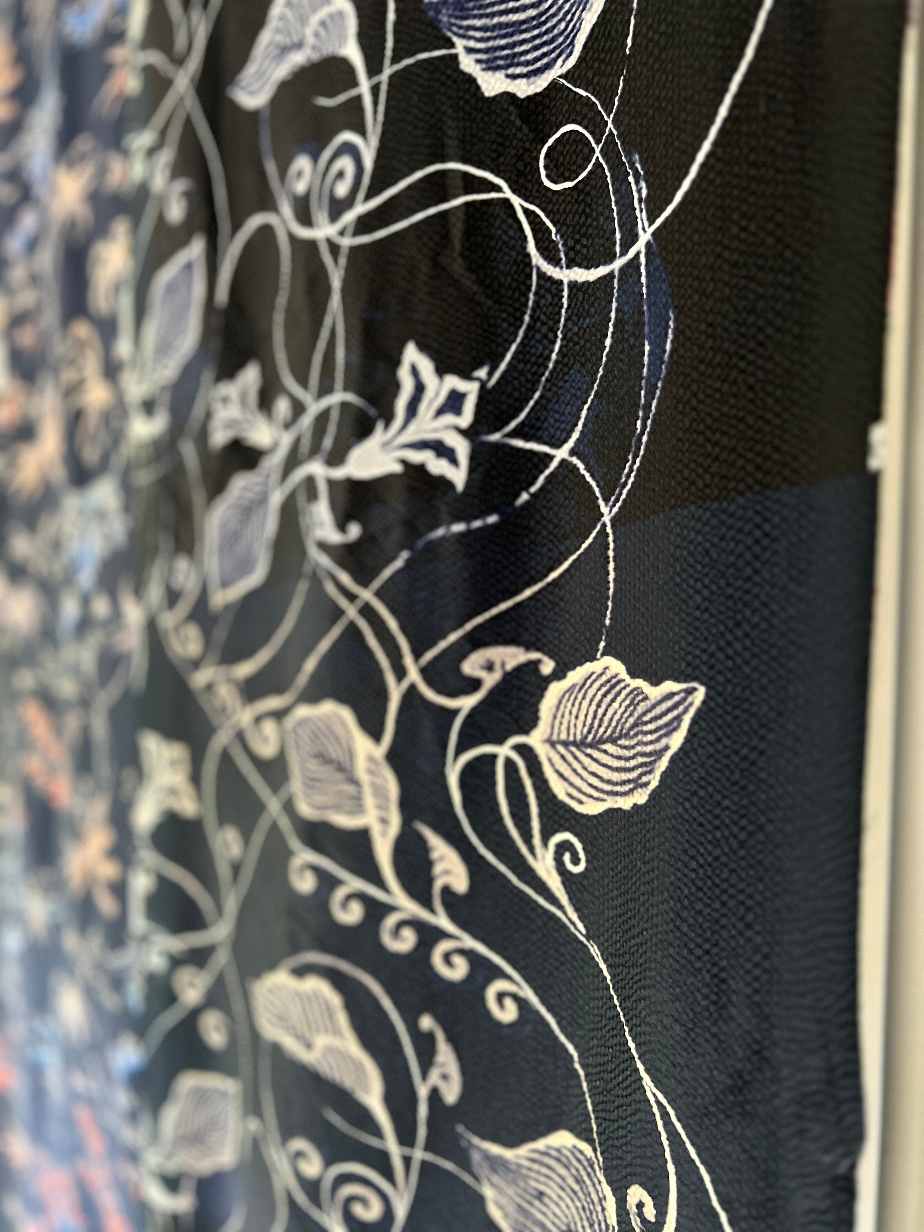 96% Silk Designer Fabric — Dark Botanical Line Print — Midnight Navy — One Off Cut