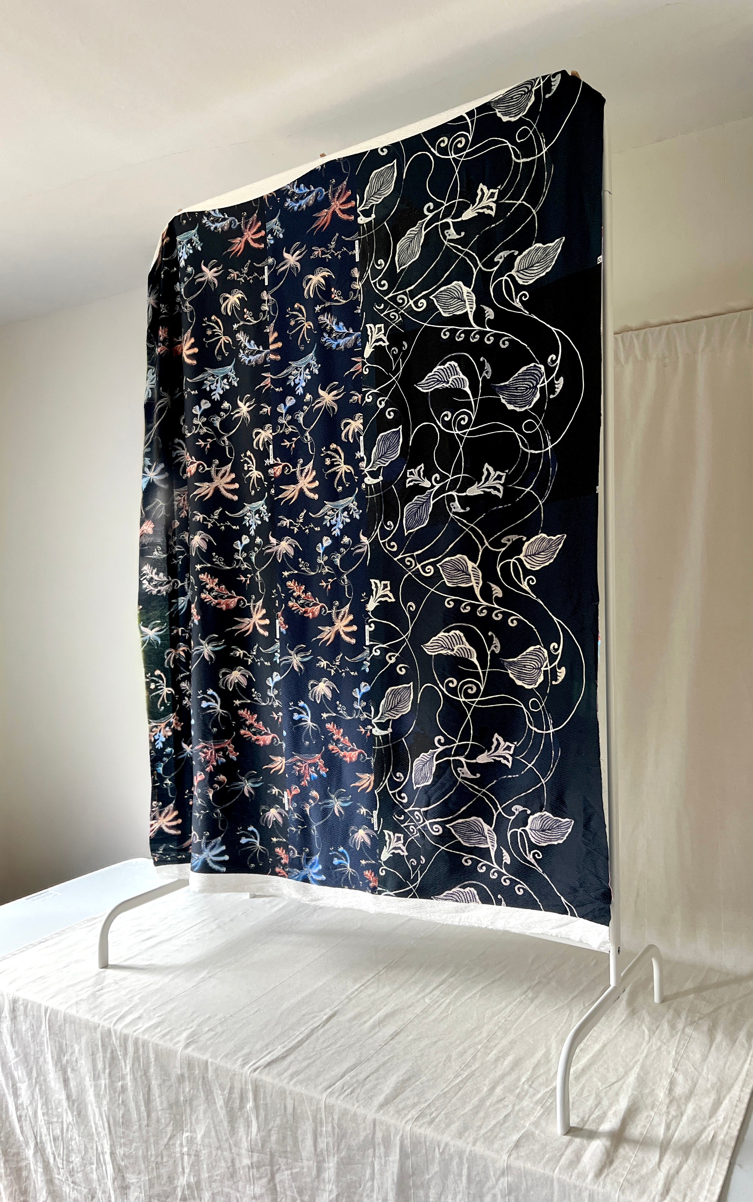 96% Silk Designer Fabric — Dark Botanical Line Print — Midnight Navy — One Off Cut
