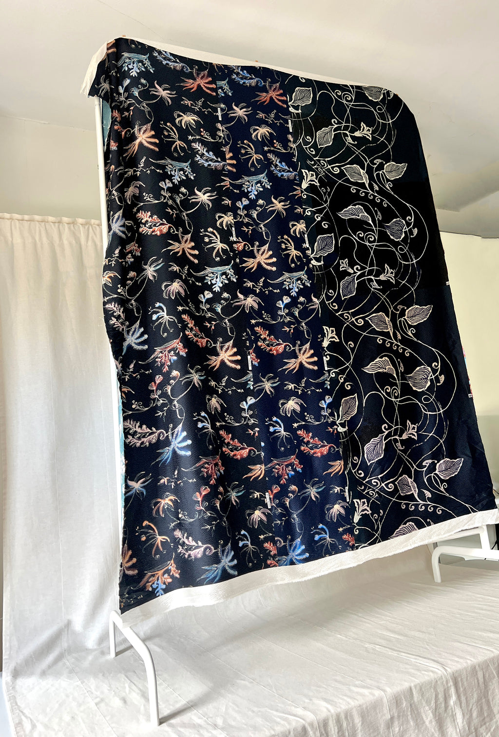 96% Silk Designer Fabric — Dark Botanical Line Print — Midnight Navy — One Off Cut