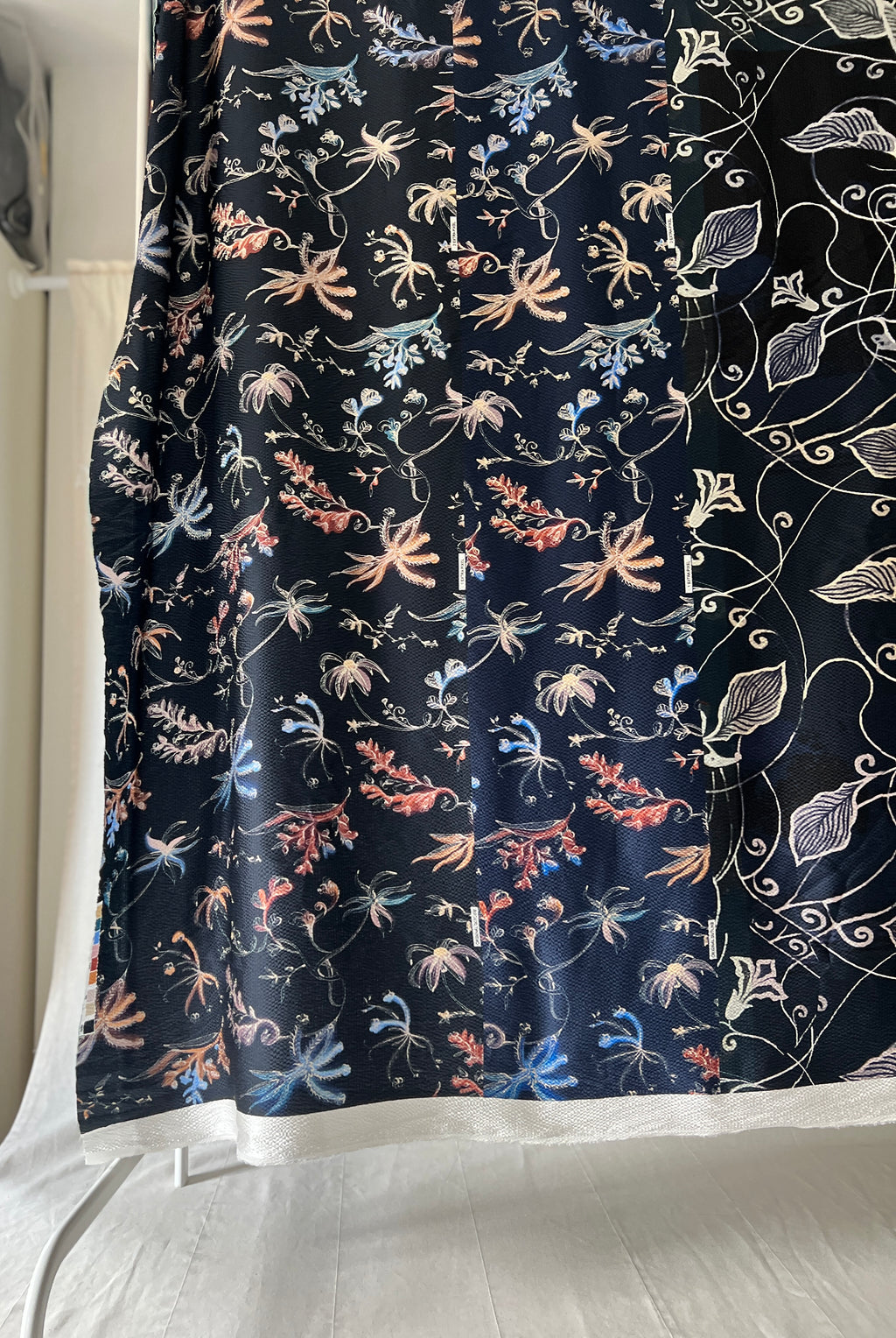 96% Silk Designer Fabric — Dark Botanical Line Print — Midnight Navy — One Off Cut
