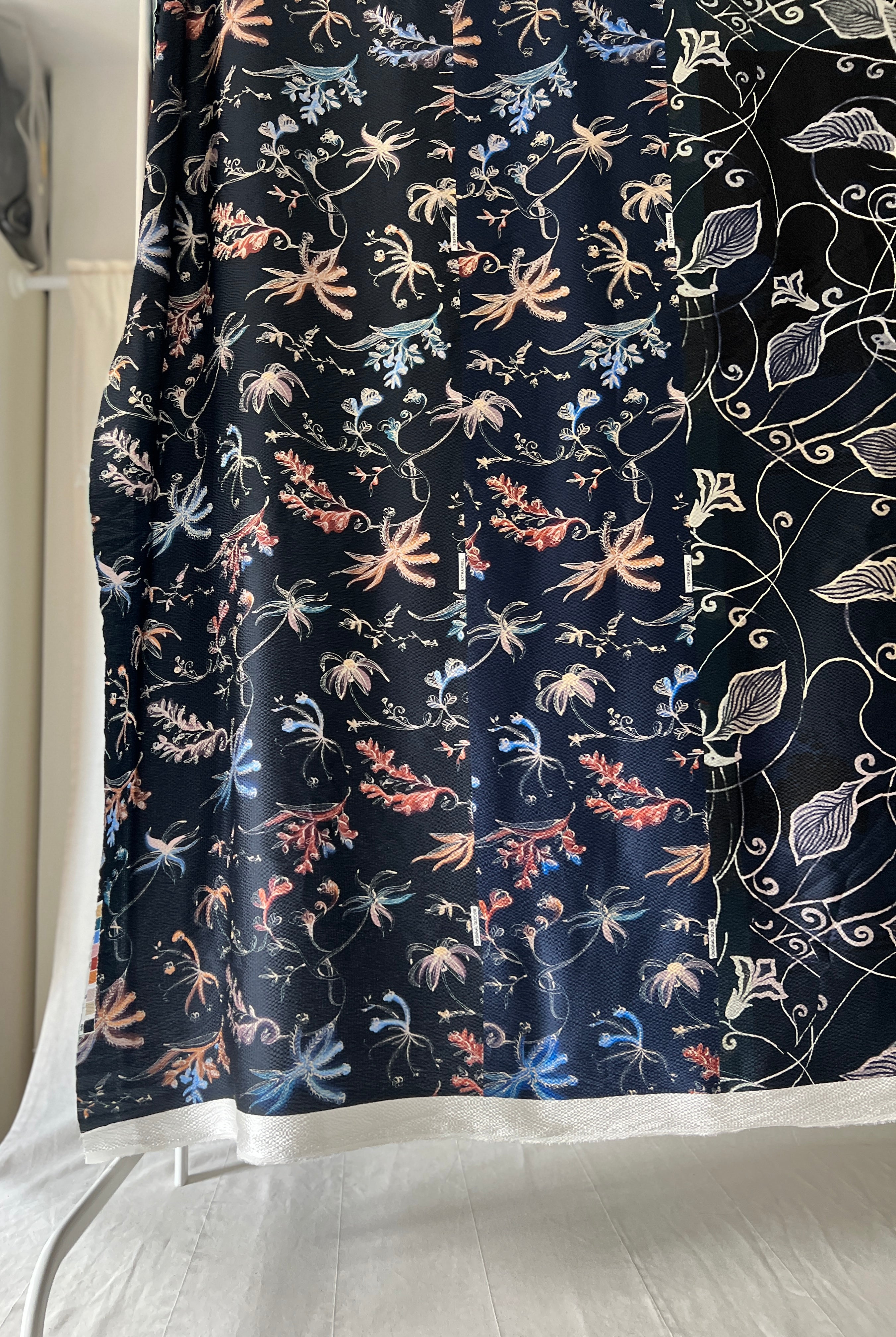 96% Silk Designer Fabric — Dark Botanical Line Print — Midnight Navy — One Off Cut