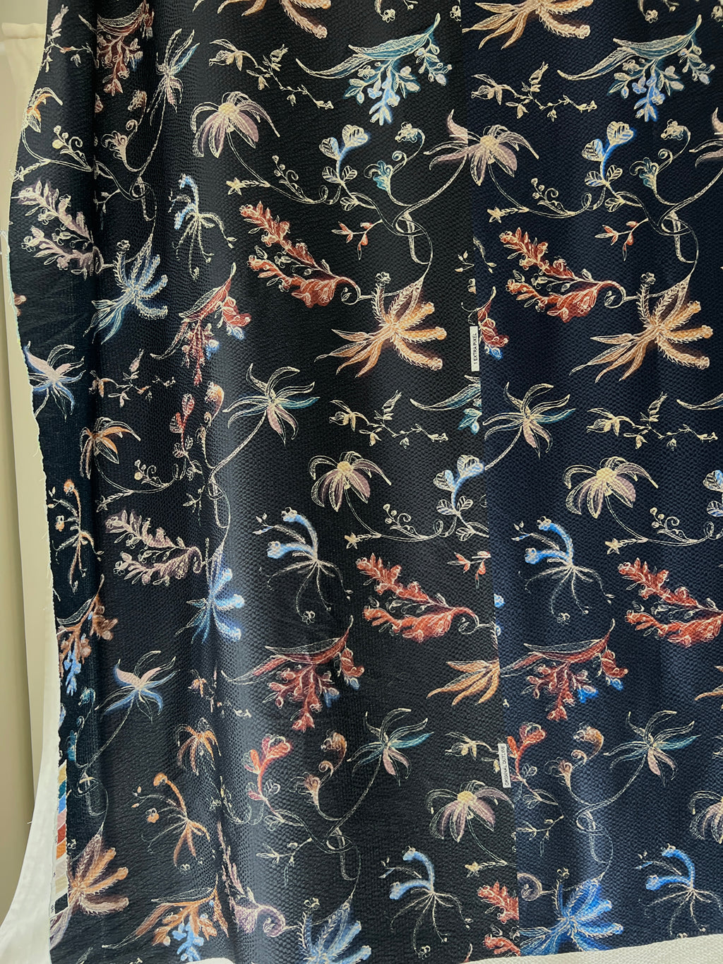 96% Silk Designer Fabric — Dark Botanical Line Print — Midnight Navy — One Off Cut