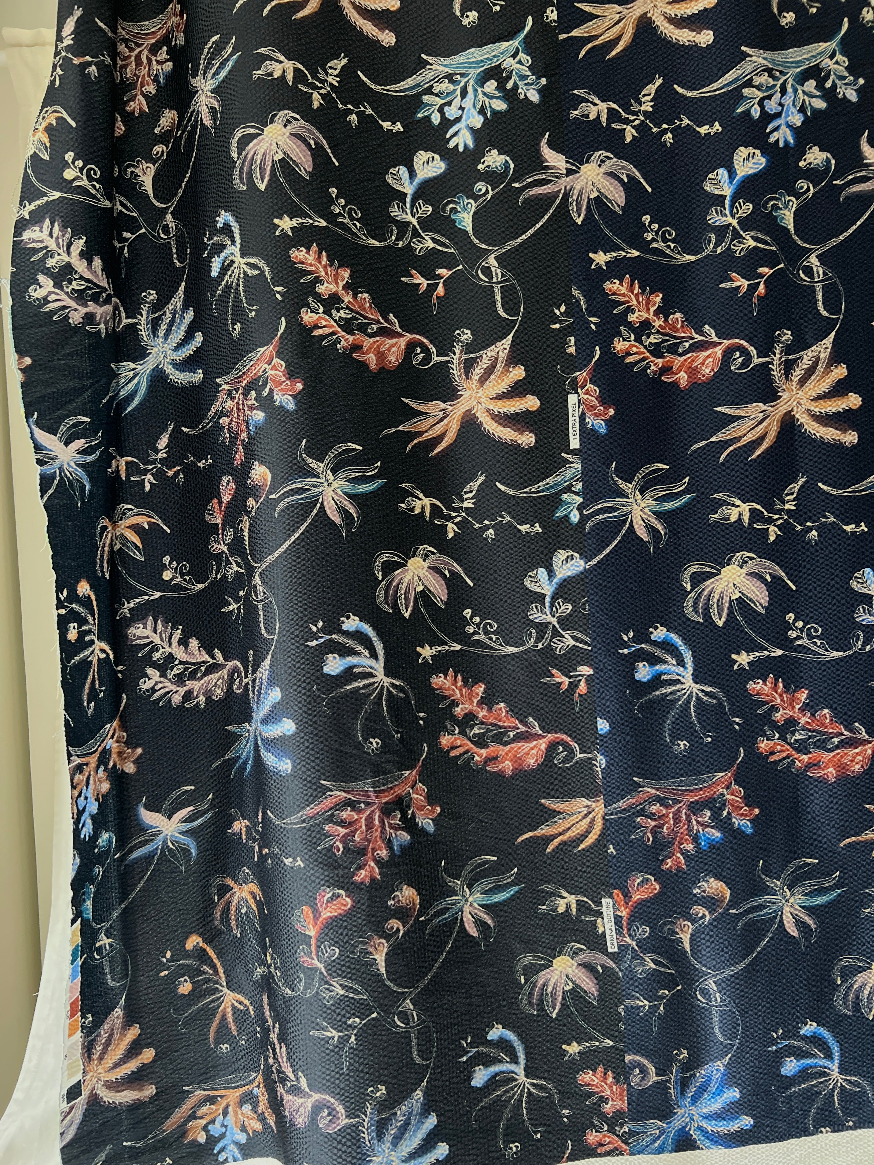 96% Silk Designer Fabric — Dark Botanical Line Print — Midnight Navy — One Off Cut