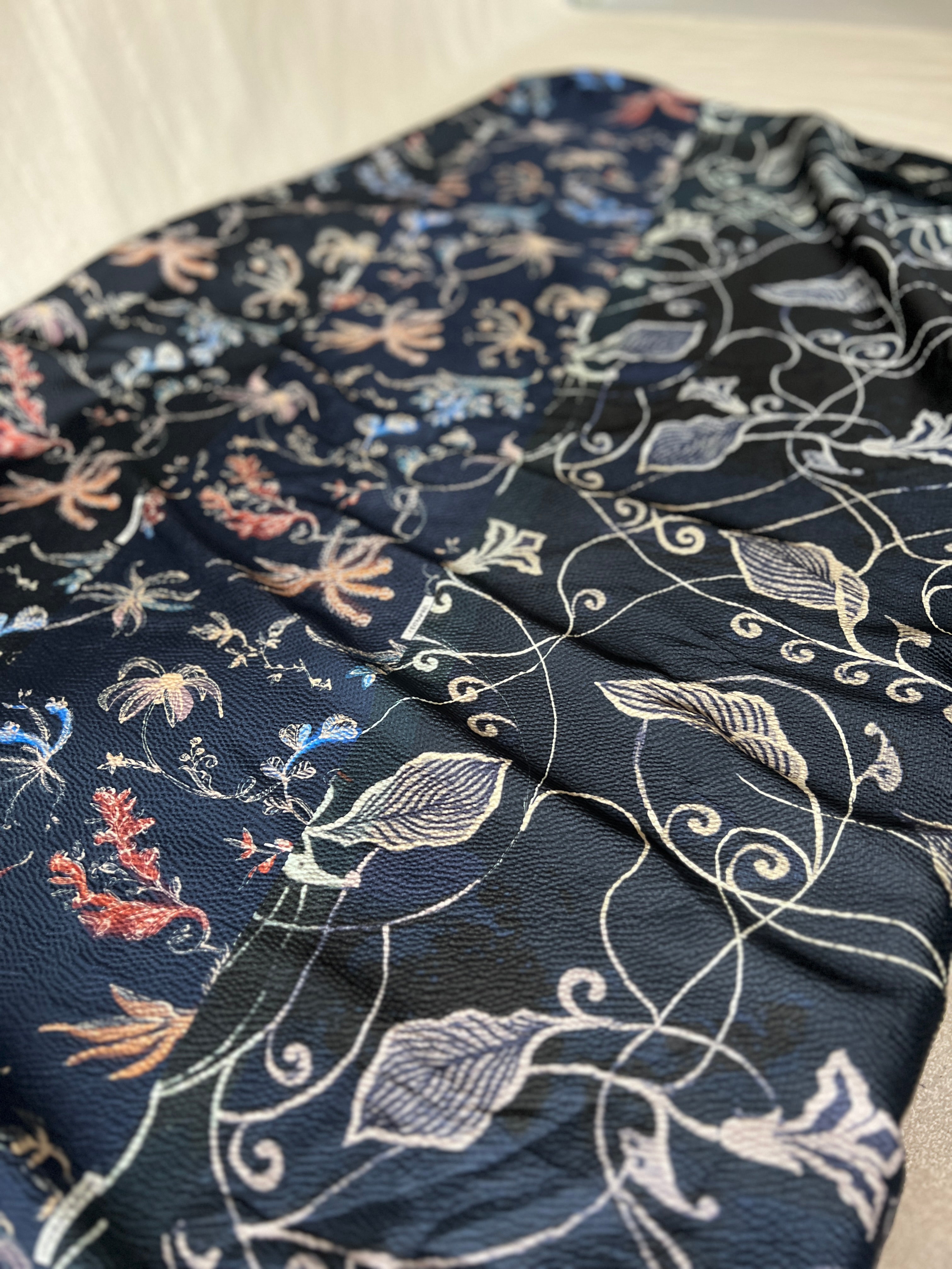 96% Silk Designer Fabric — Dark Botanical Line Print — Midnight Navy — One Off Cut