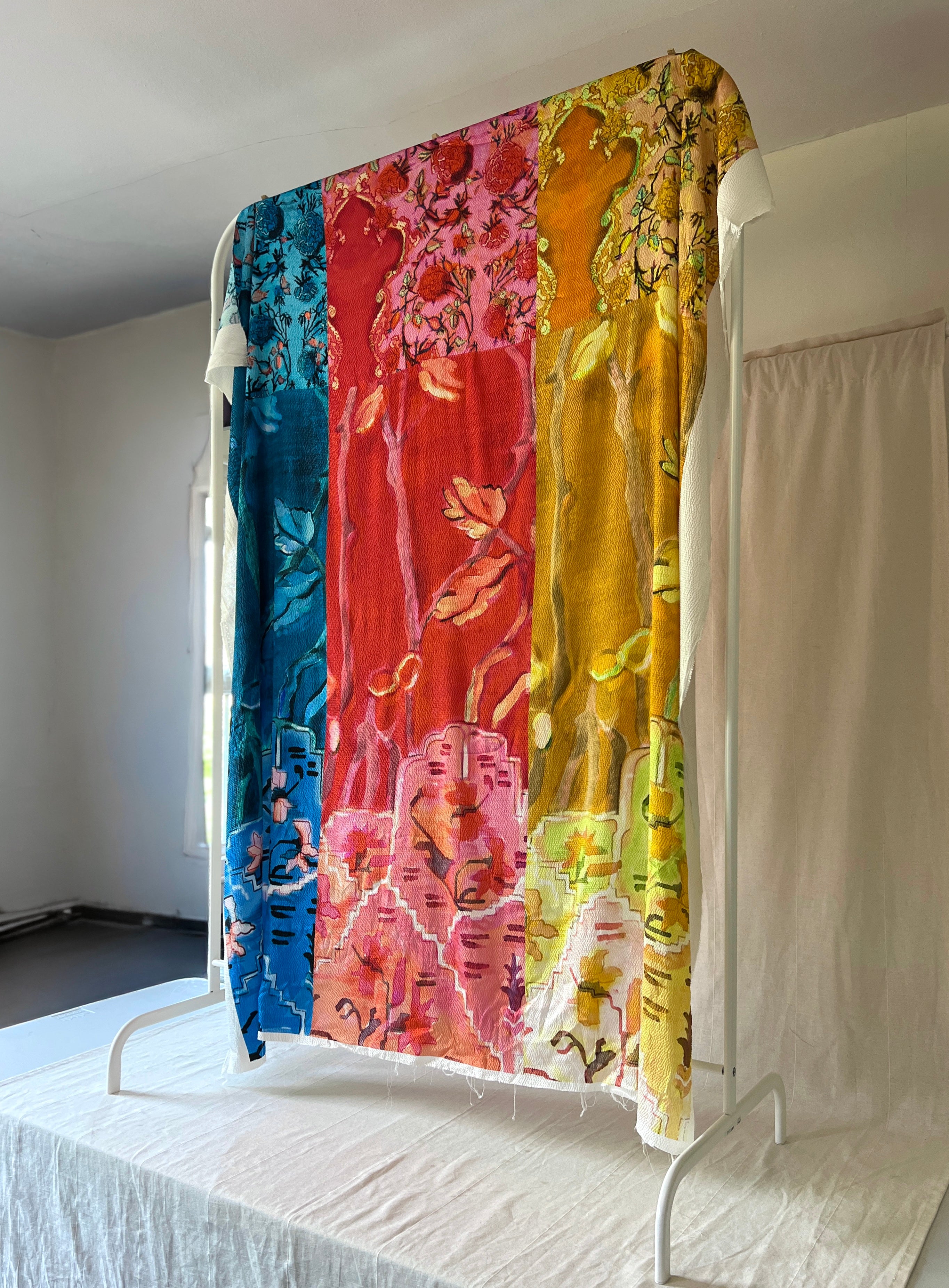 96% Silk Designer Fabric — Maximalist Colour Block Botanical Print — Teal, Red & Amber — One Off Cut