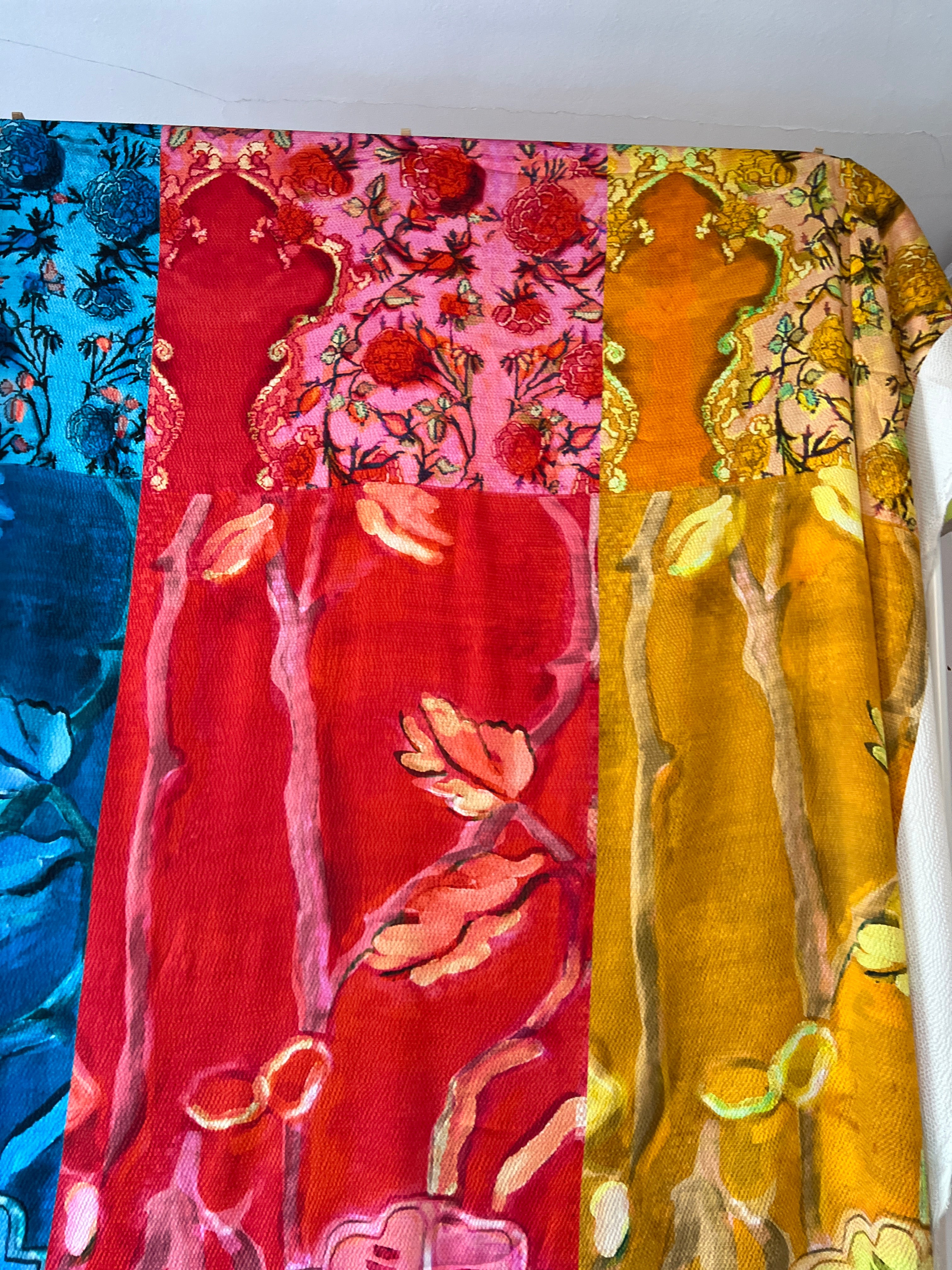 96% Silk Designer Fabric — Maximalist Colour Block Botanical Print — Teal, Red & Amber — One Off Cut