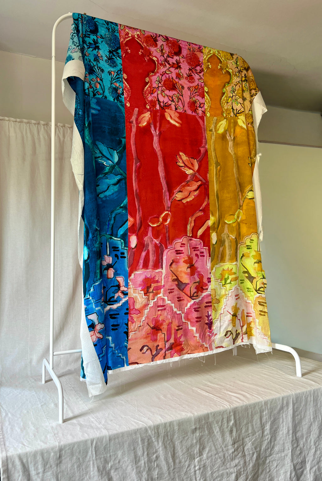 96% Silk Designer Fabric — Maximalist Colour Block Botanical Print — Teal, Red & Amber — One Off Cut