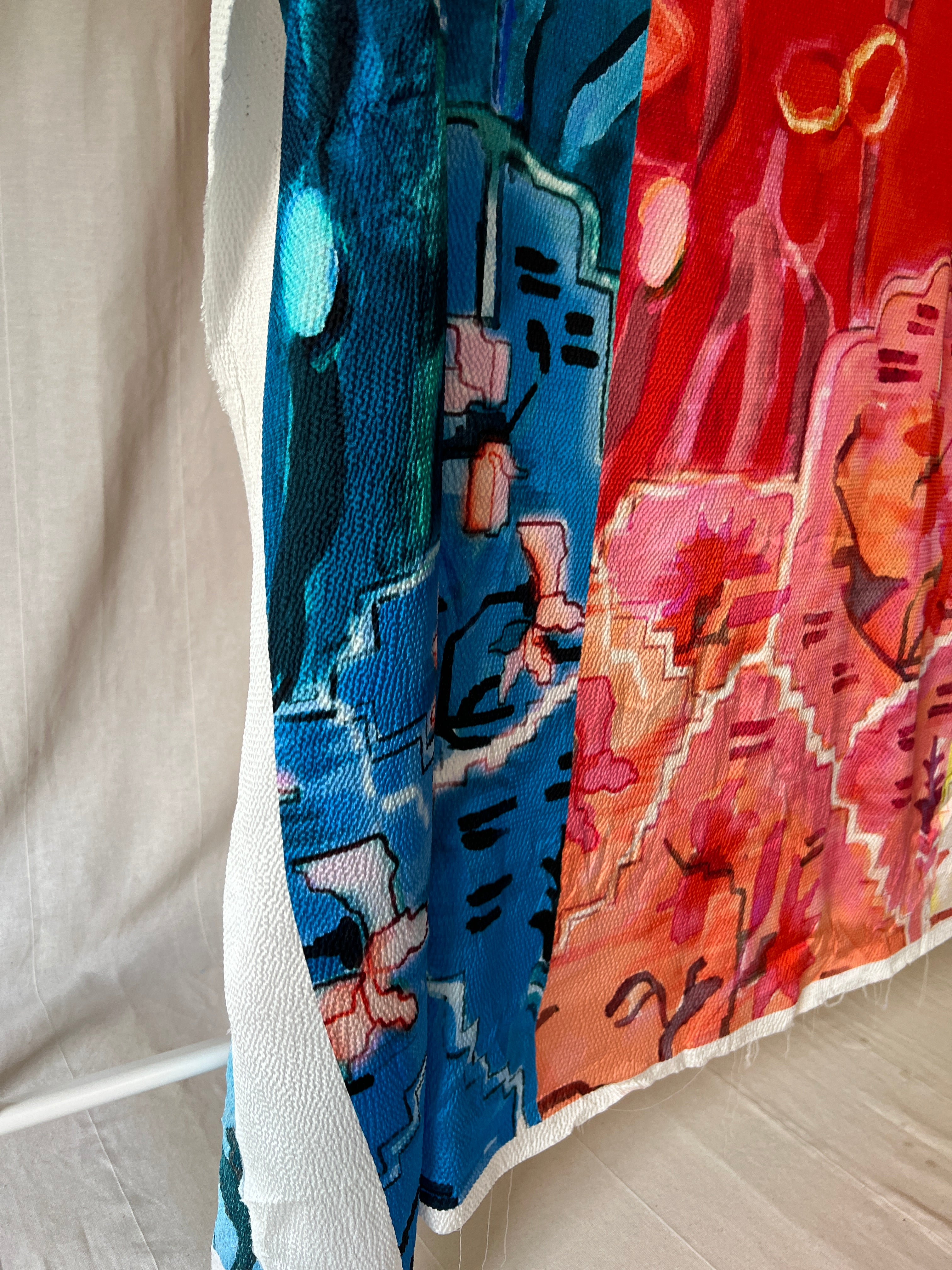 96% Silk Designer Fabric — Maximalist Colour Block Botanical Print — Teal, Red & Amber — One Off Cut