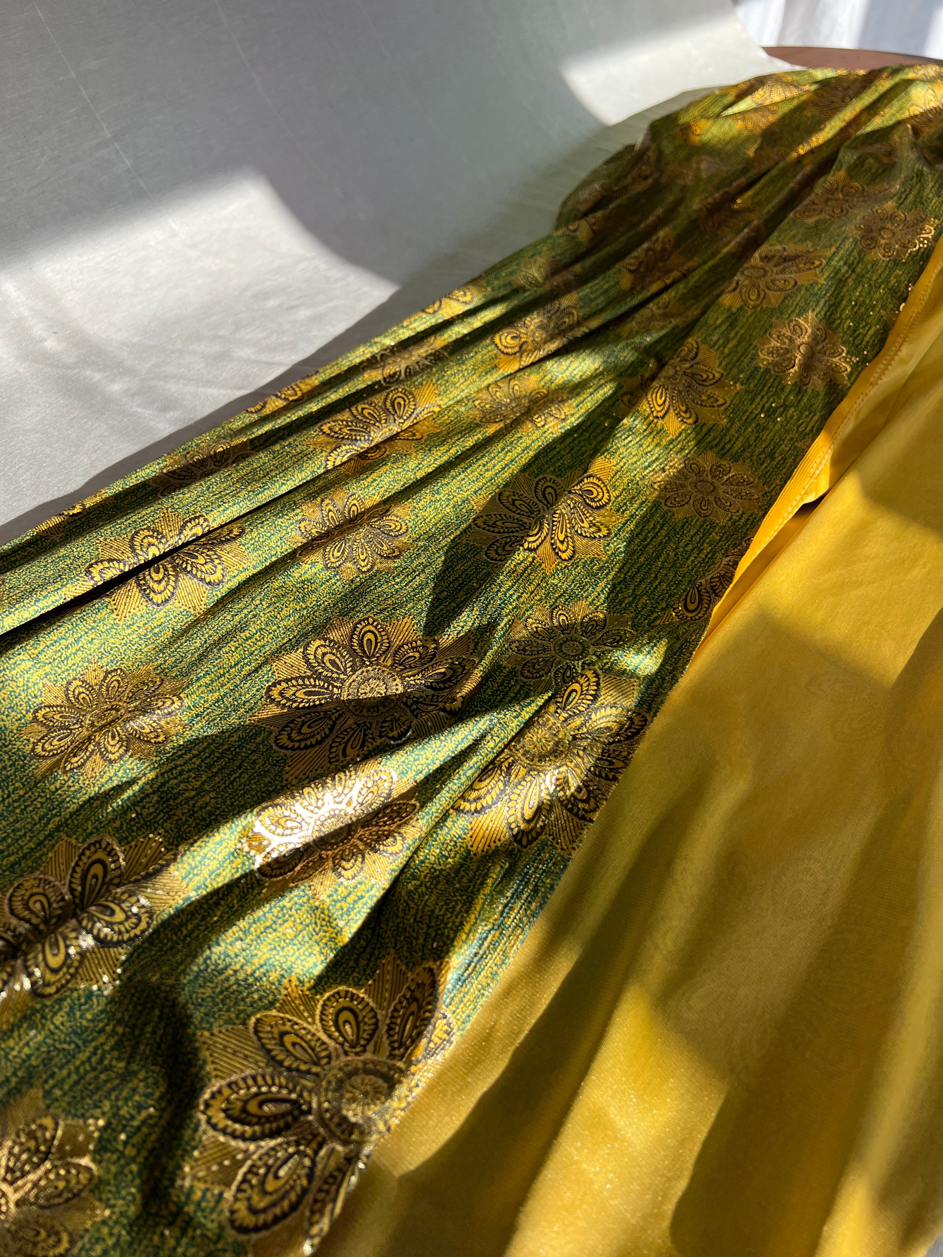 High Class Stretch Jersey Fabric - Gold Yellow Green Floral MetallicPattern - Luxurious Velvet Dressmaking Fabric