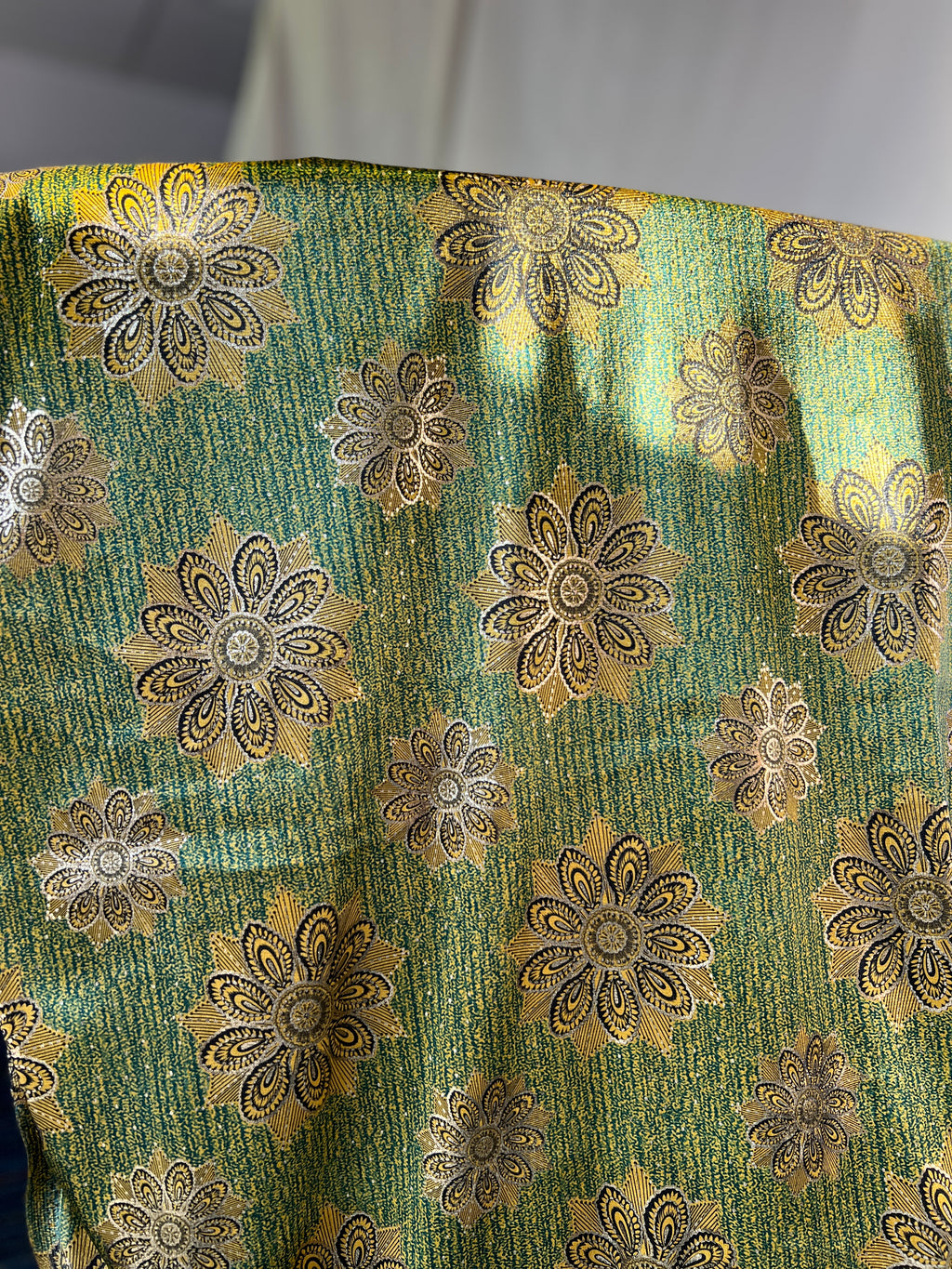 High Class Stretch Jersey Fabric - Gold Yellow Green Floral MetallicPattern - Luxurious Velvet Dressmaking Fabric