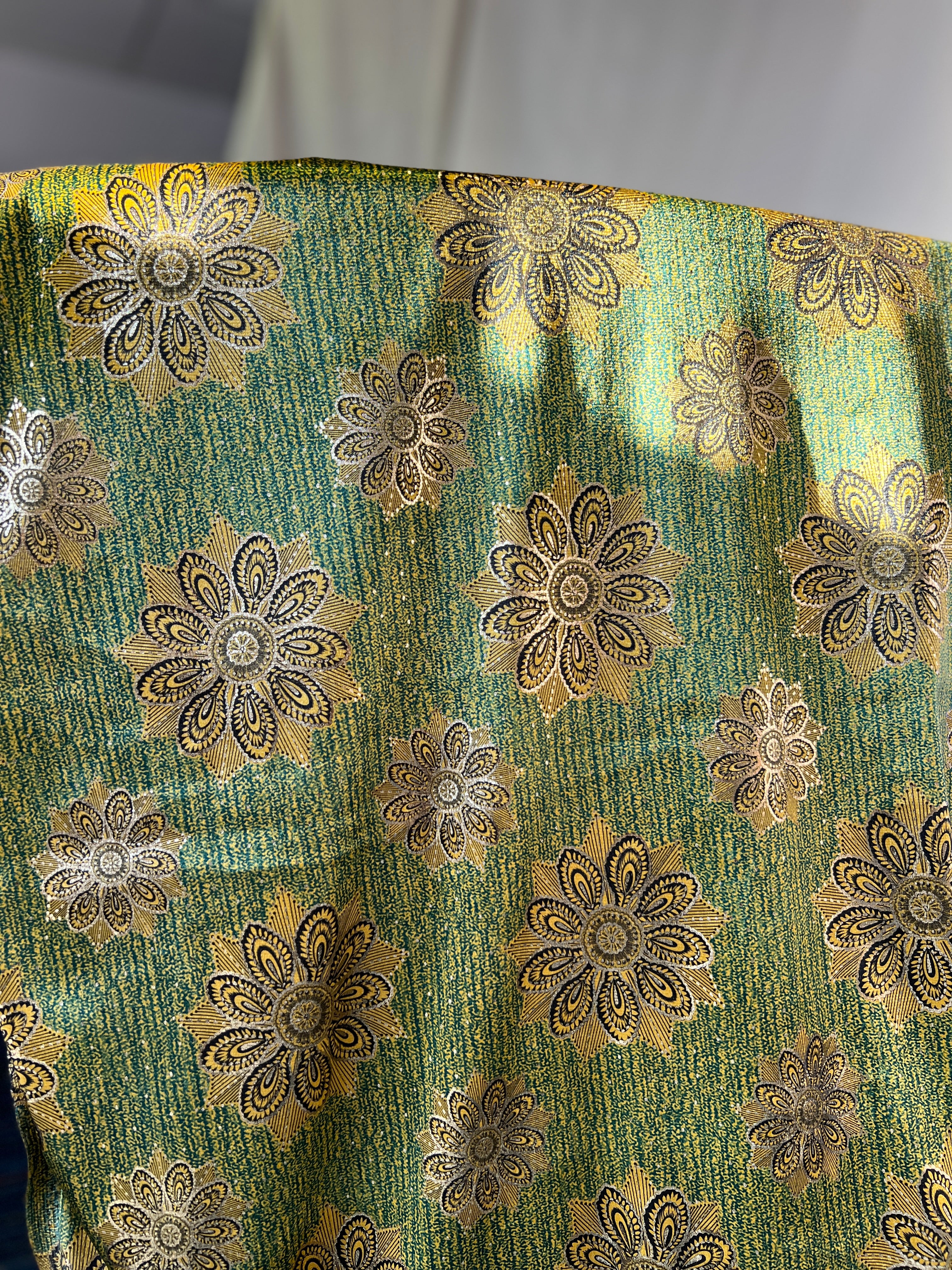 High Class Stretch Jersey Fabric - Gold Yellow Green Floral MetallicPattern - Luxurious Velvet Dressmaking Fabric