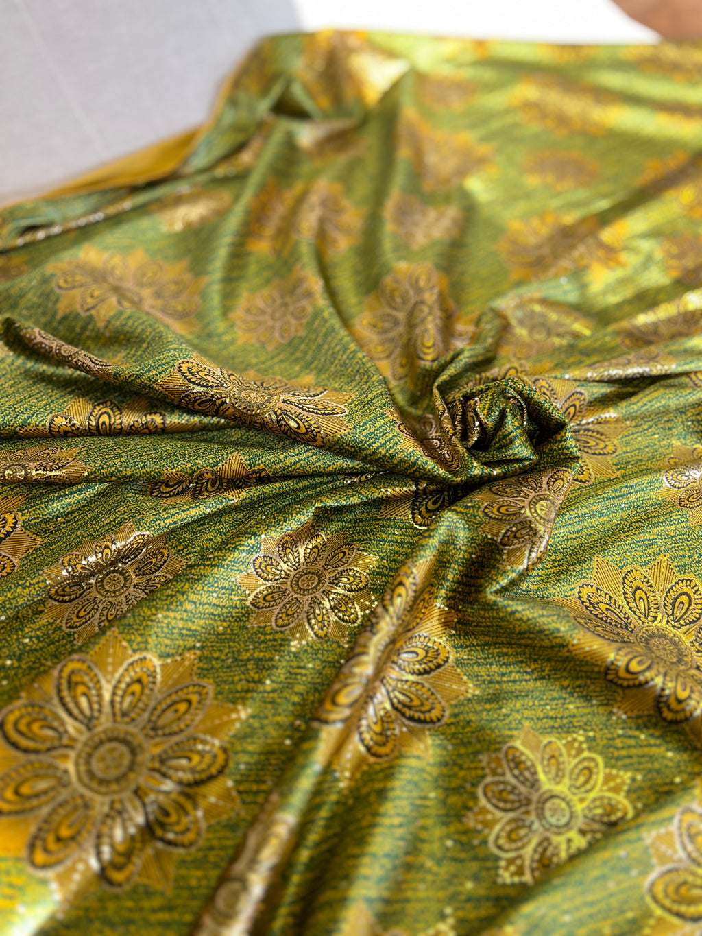 High Class Stretch Jersey Fabric - Gold Yellow Green Floral MetallicPattern - Luxurious Velvet Dressmaking Fabric