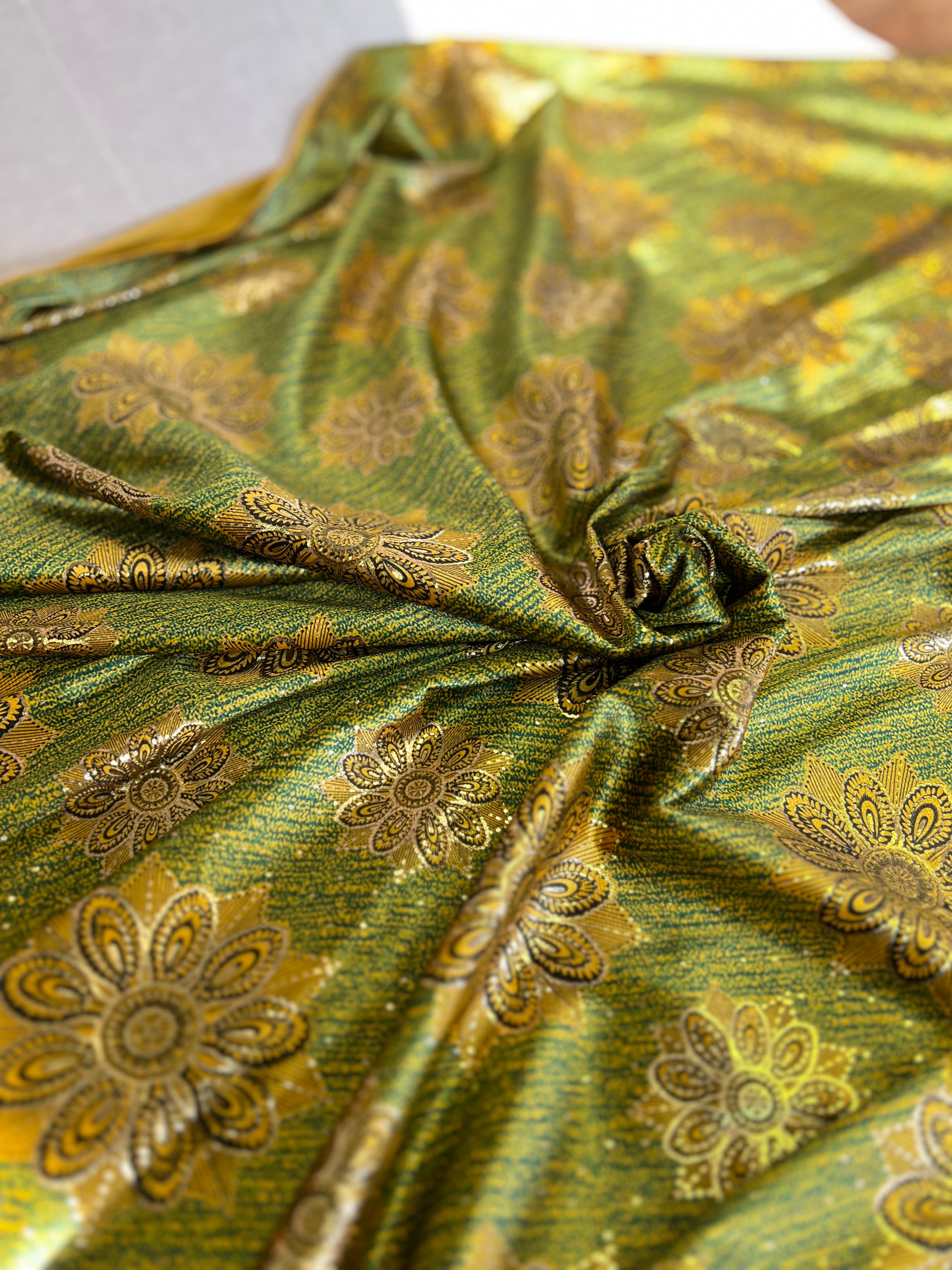 High Class Stretch Jersey Fabric - Gold Yellow Green Floral MetallicPattern - Luxurious Velvet Dressmaking Fabric