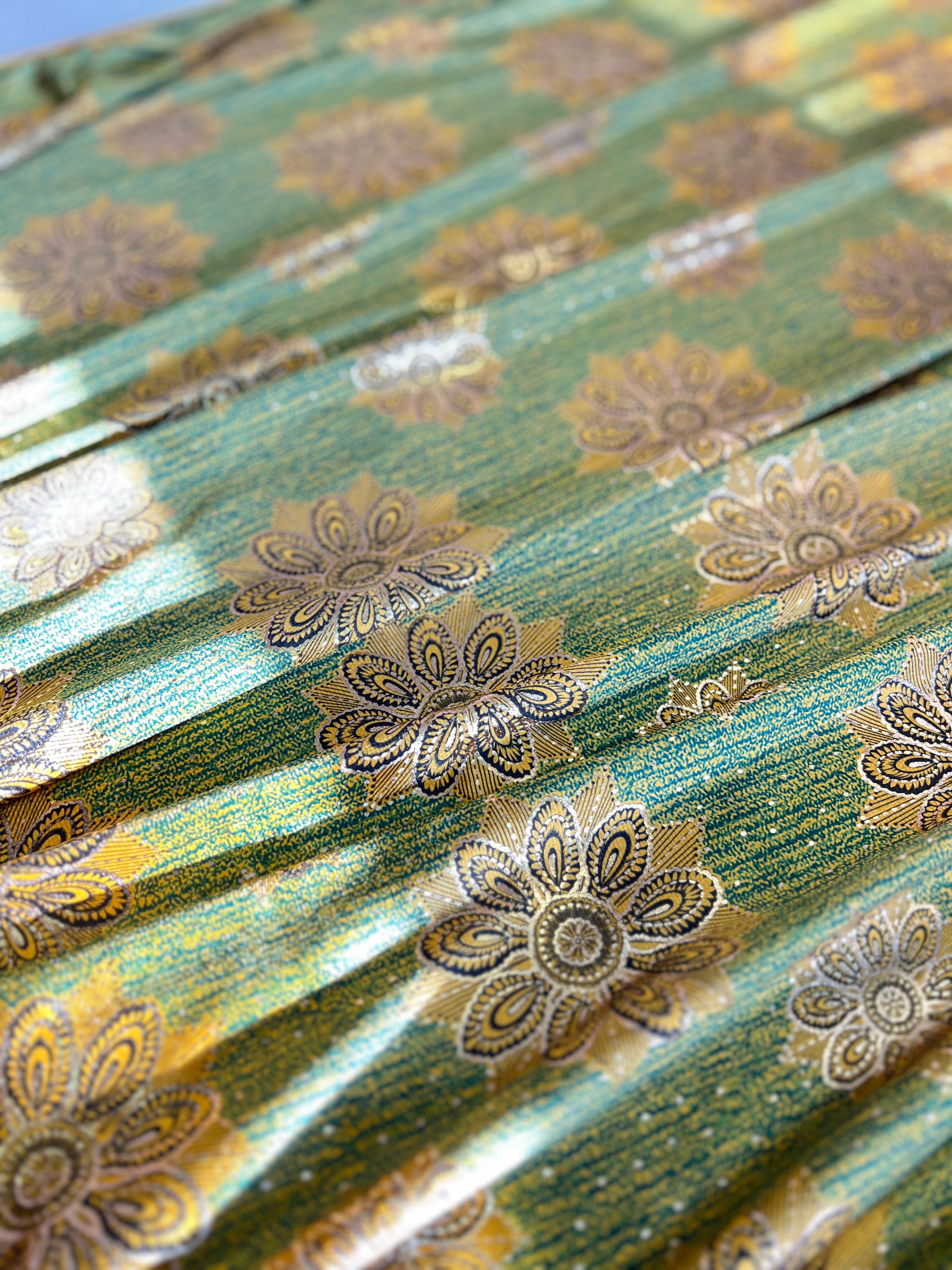 High Class Stretch Jersey Fabric - Gold Yellow Green Floral MetallicPattern - Luxurious Velvet Dressmaking Fabric