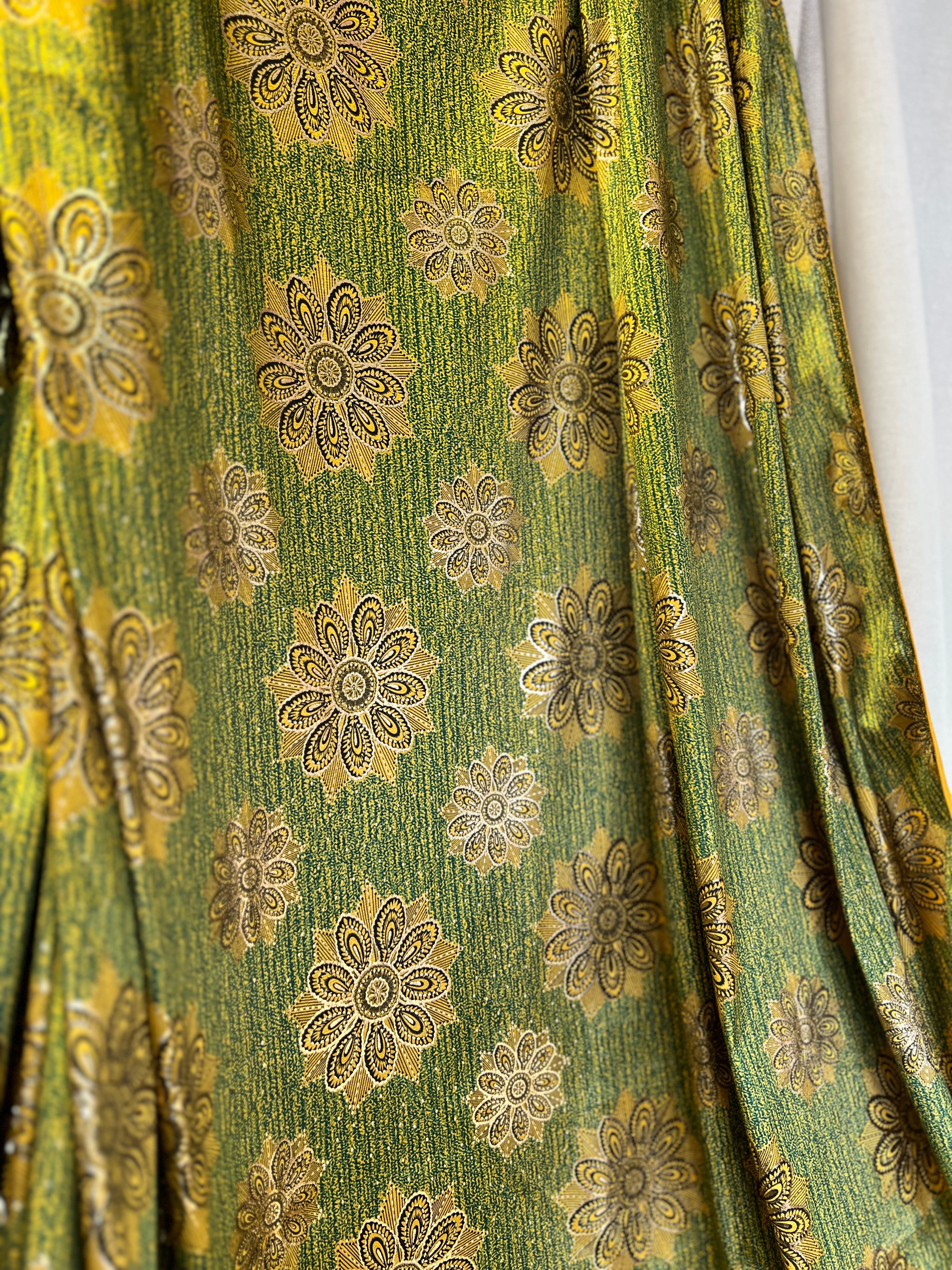 High Class Stretch Jersey Fabric - Gold Yellow Green Floral MetallicPattern - Luxurious Velvet Dressmaking Fabric