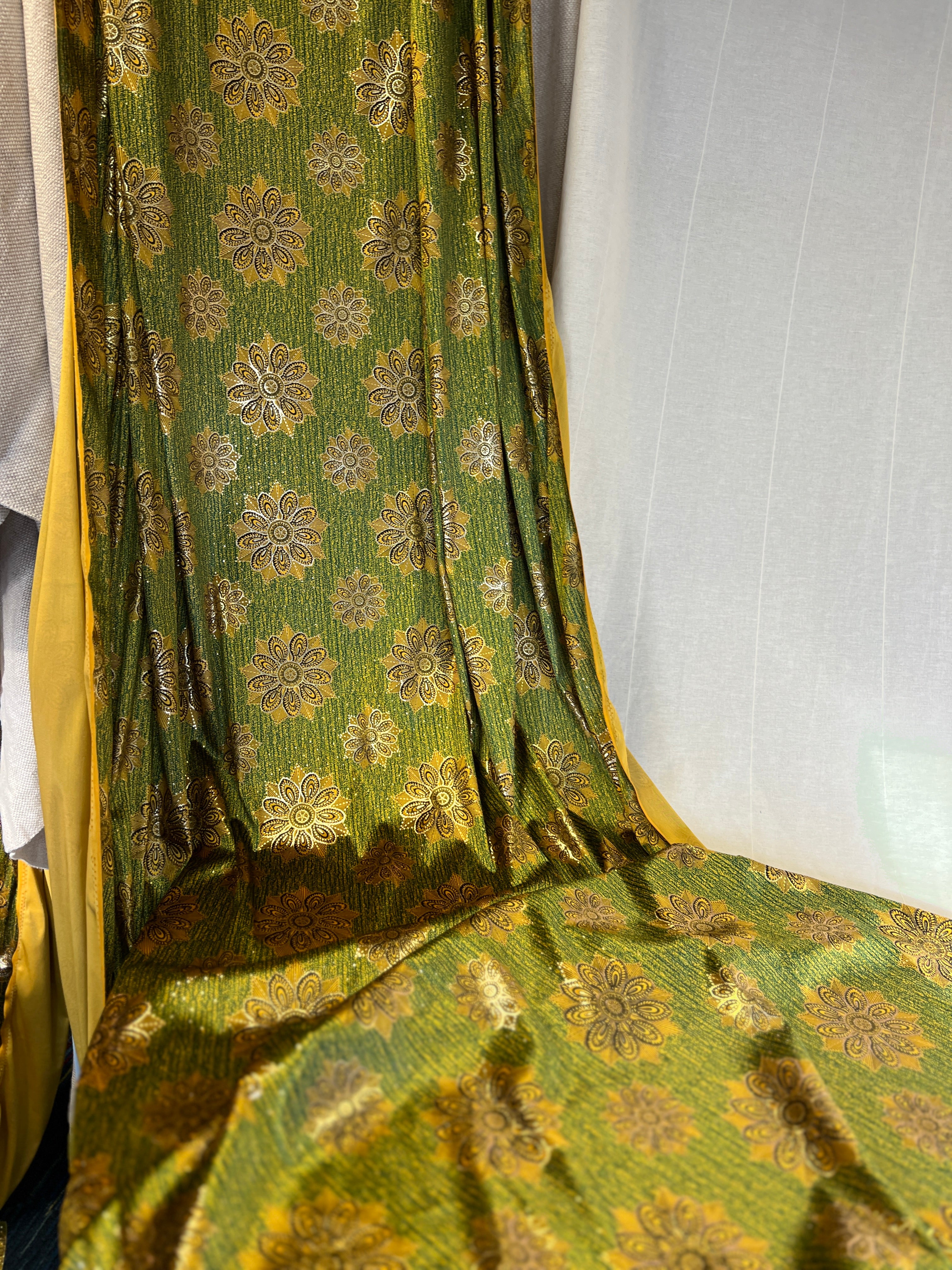 High Class Stretch Jersey Fabric - Gold Yellow Green Floral MetallicPattern - Luxurious Velvet Dressmaking Fabric