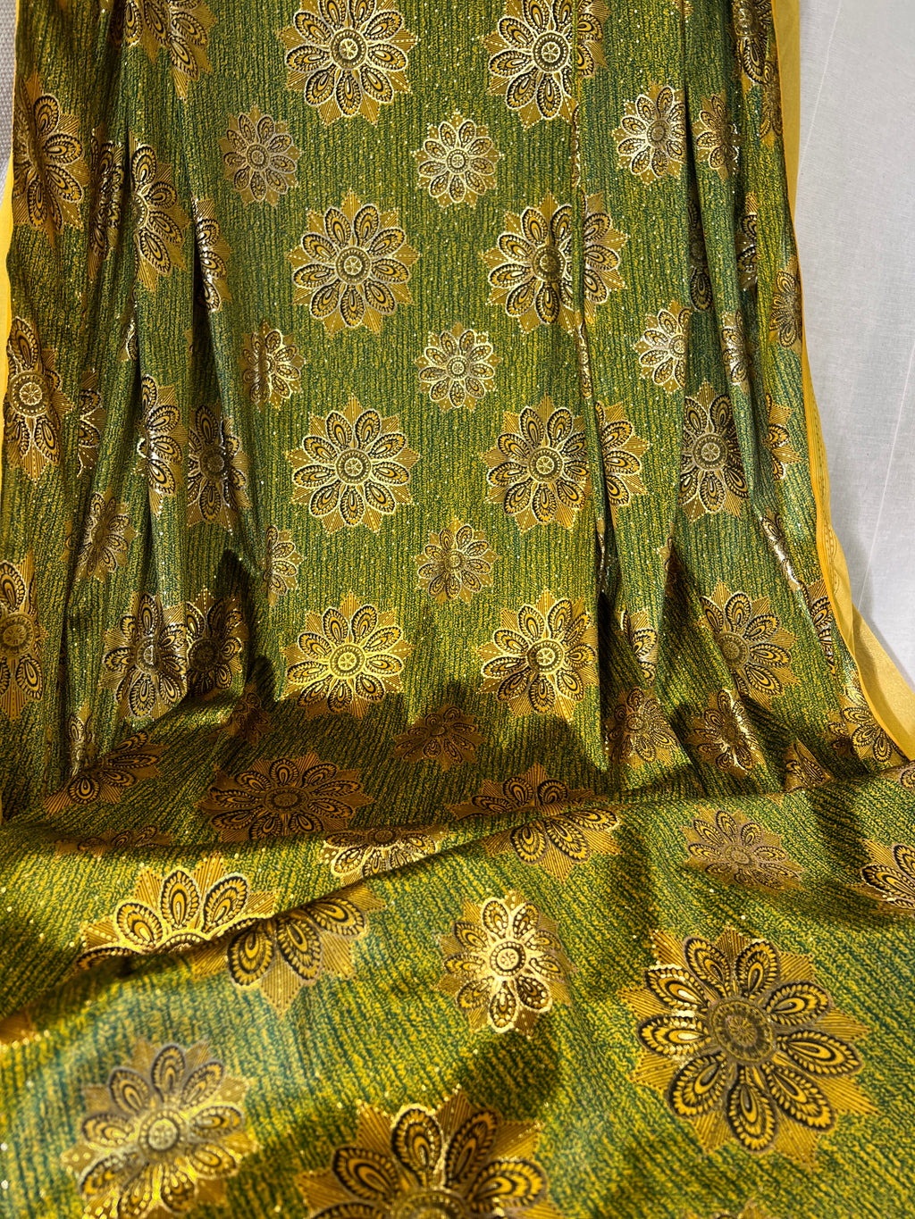 High Class Stretch Jersey Fabric - Gold Yellow Green Floral MetallicPattern - Luxurious Velvet Dressmaking Fabric