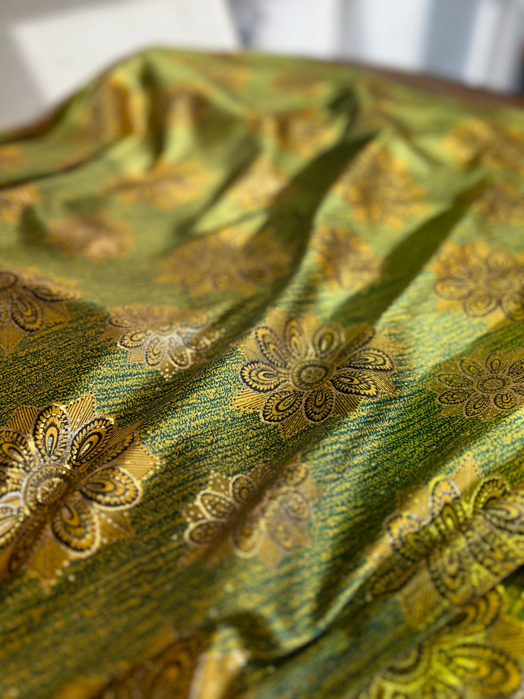 High Class Stretch Jersey Fabric - Gold Yellow Green Floral MetallicPattern - Luxurious Velvet Dressmaking Fabric