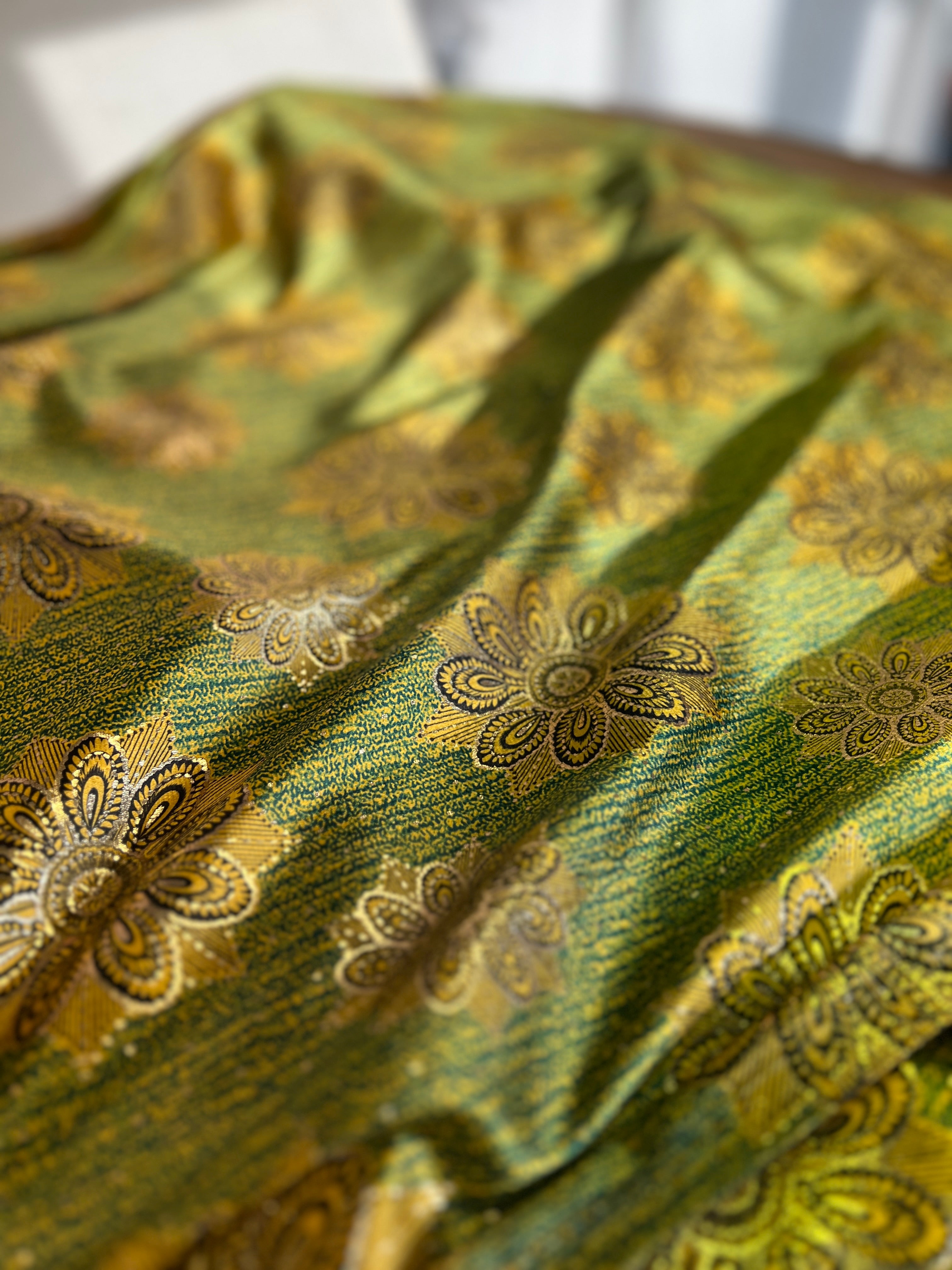 High Class Stretch Jersey Fabric - Gold Yellow Green Floral MetallicPattern - Luxurious Velvet Dressmaking Fabric