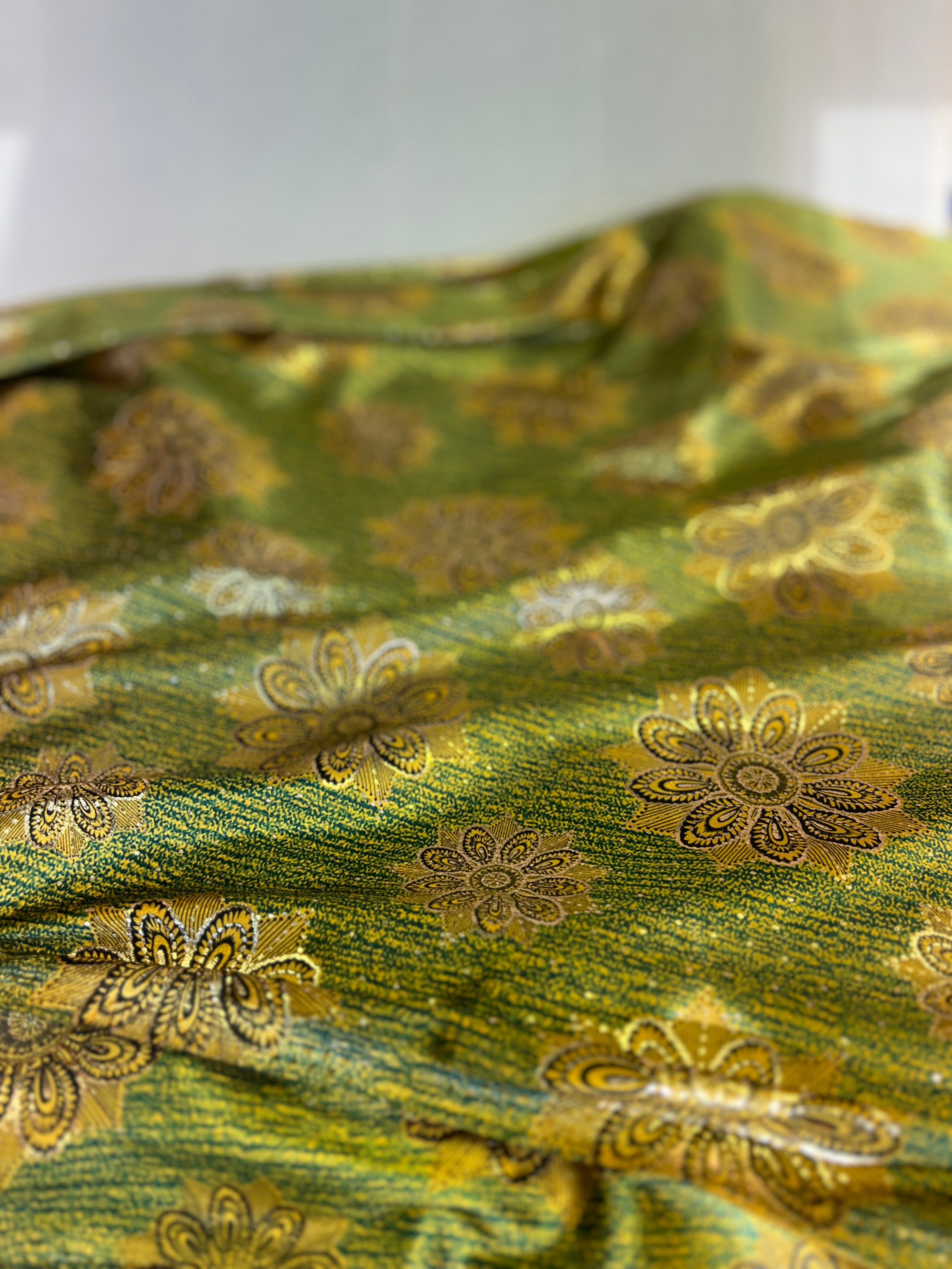 High Class Stretch Jersey Fabric - Gold Yellow Green Floral MetallicPattern - Luxurious Velvet Dressmaking Fabric